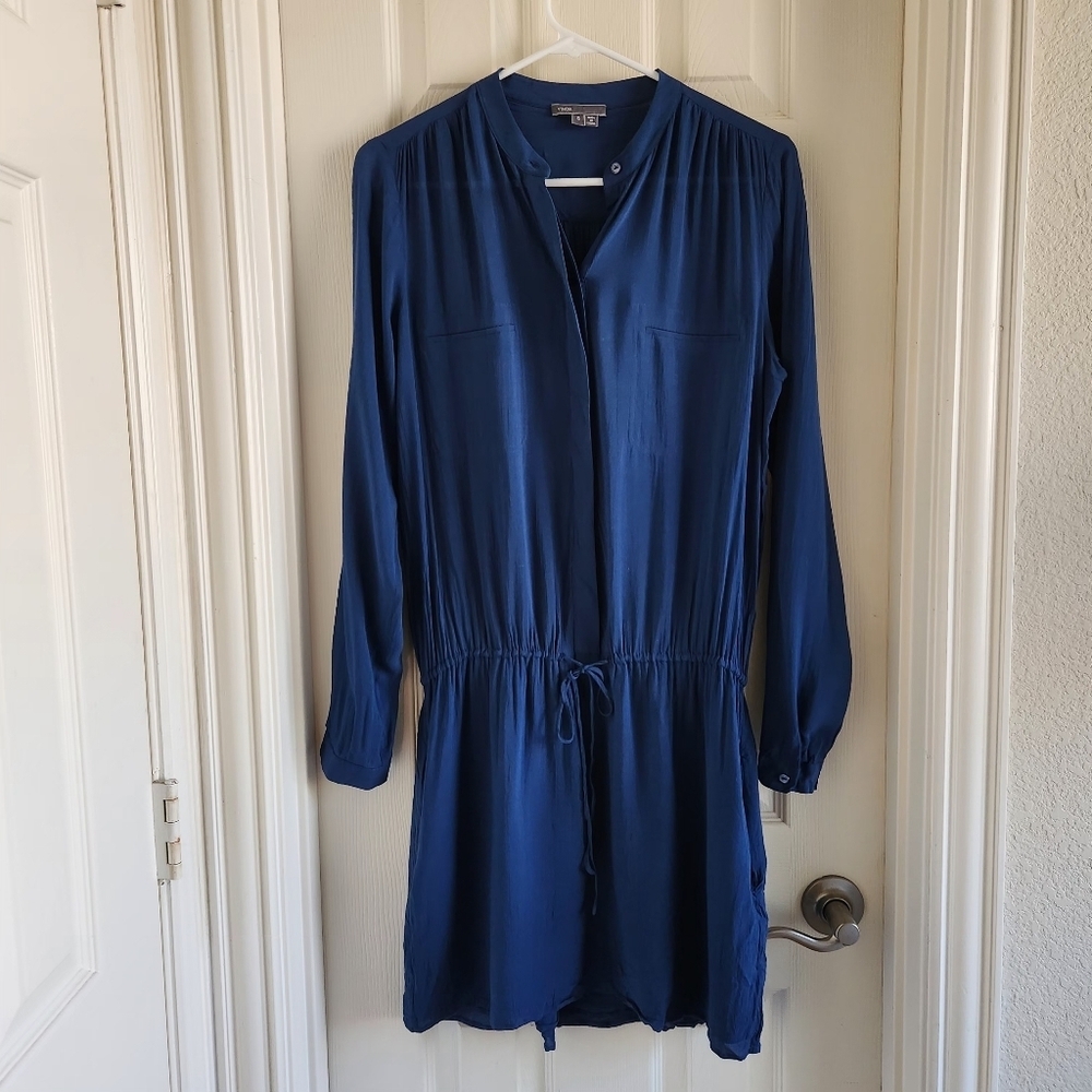 Vince Henley Long Sleeve Blue Rayon Drawstring Shirt Dress Button‎ Front Size S